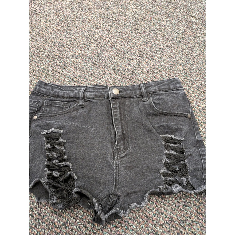 SHEIN Womens Distressed Denim Shorts Black High Waisted Frayed Cut Off Size L 10